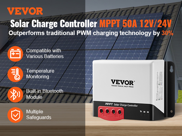 VEVOR mppt solar charge controller 50a 12v/24v with bluetooth, temperature monitoring, multiple safeguards.