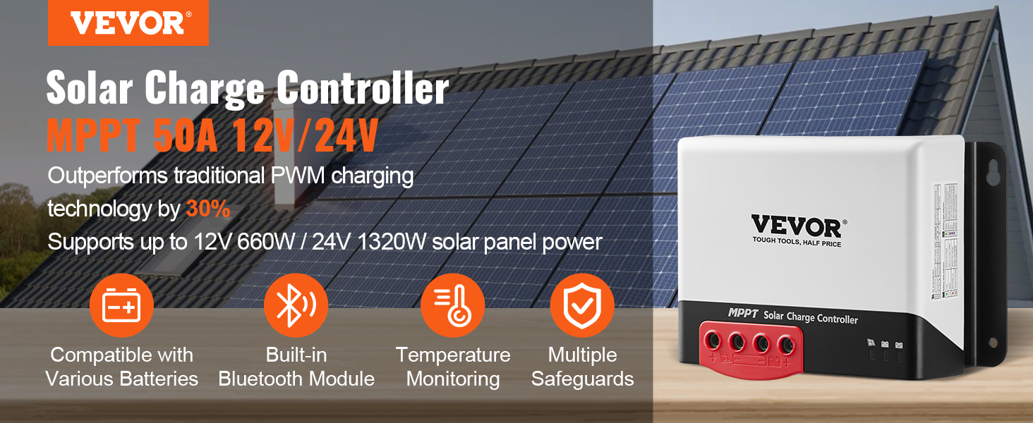 VEVOR mppt solar charge controller 50a 12v/24v with bluetooth, temperature monitoring, multiple safeguards.
