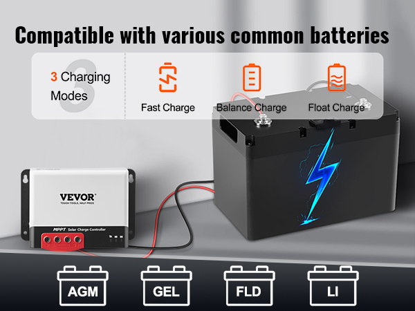 VEVOR mppt solar charge controller with 3 charging modes compatible with agm, gel, fld, and li batteries.