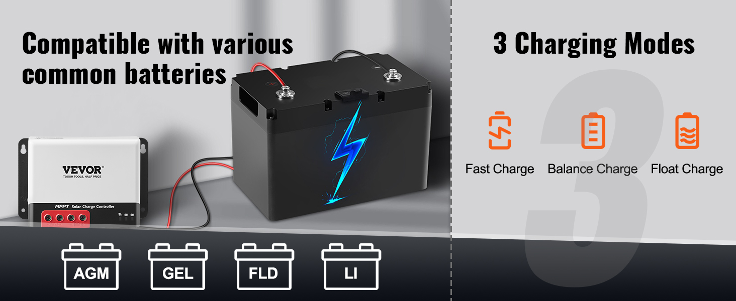 VEVOR mppt solar charge controller with 3 charging modes compatible with agm, gel, fld, and li batteries.