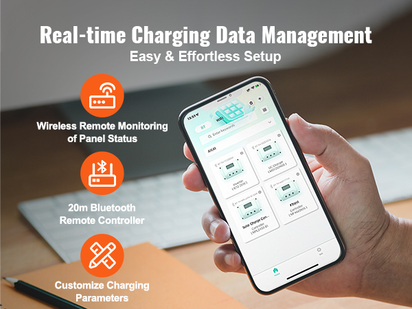 hand holding smartphone showing real-time data for VEVOR mppt solar charge controller with remote features.