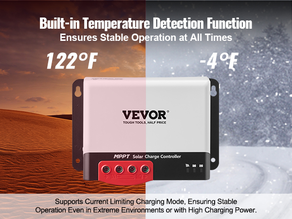 VEVOR mppt solar charge controller displayed with desert and snowy backgrounds, highlighting temperature detection.