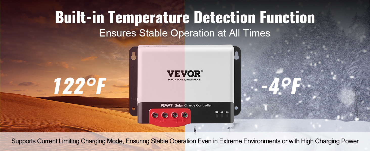 VEVOR mppt solar charge controller displayed with desert and snowy backgrounds, highlighting temperature detection.