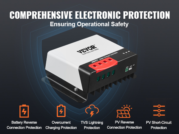 VEVOR mppt solar charge controller with comprehensive electronic protection for operational safety.