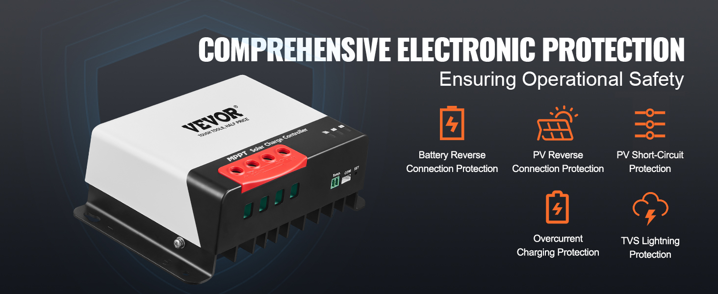VEVOR mppt solar charge controller with comprehensive electronic protection for operational safety.