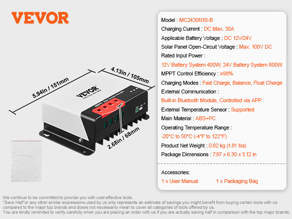 VEVOR mppt solar charge controller with bluetooth, 30a, 12v/24v, fast charge, floating charge.