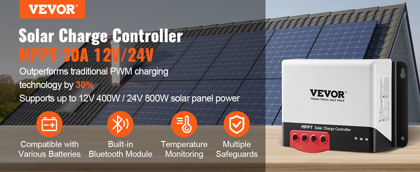VEVOR mppt solar charge controller with solar panels, supports 12v/24v, built-in bluetooth, and safeguards.