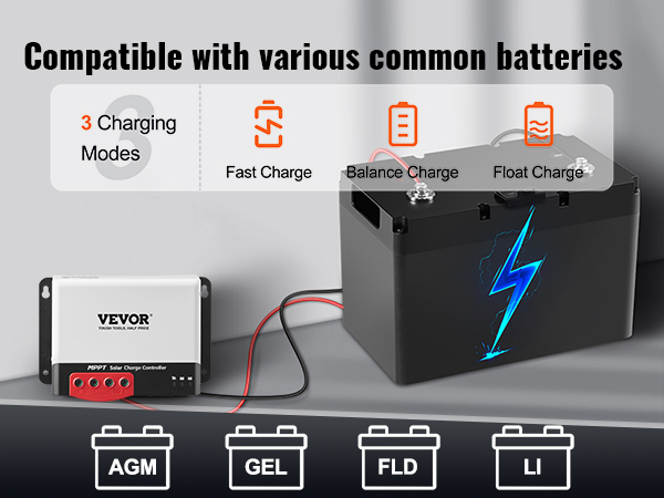 VEVOR mppt solar charge controller with battery compatibility and 3 charging modes: fast, balance, float.