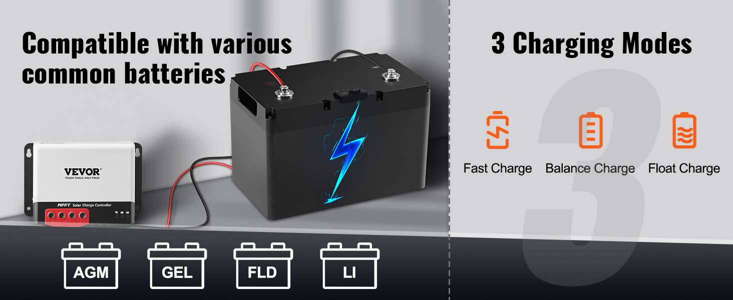 VEVOR mppt solar charge controller with battery compatibility and 3 charging modes: fast, balance, float.