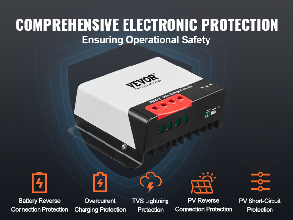 VEVOR mppt solar charge controller with comprehensive electronic protection and operational safety features.