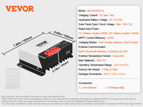 VEVOR mppt solar charge controller, model mc2440n10-b, 12v/24v, 40a, bluetooth module, 183mm x 125mm x 70mm.
