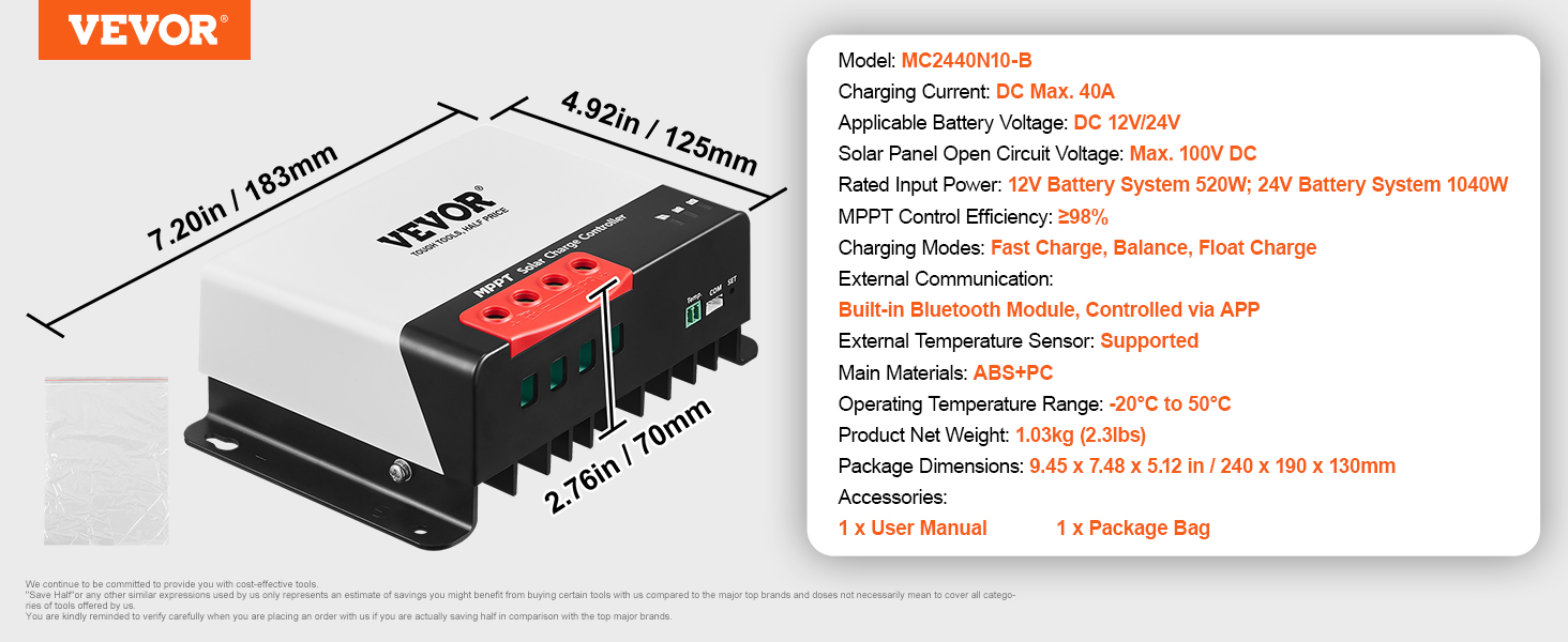 VEVOR mppt solar charge controller, model mc2440n10-b, 12v/24v, 40a, bluetooth module, 183mm x 125mm x 70mm.