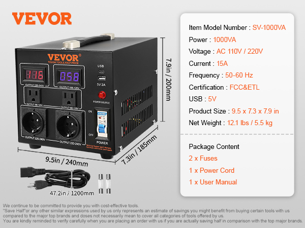 VEVOR voltage converter transformer, 1000va, ac 110v/220v, 15a, with usb ports and power cord.