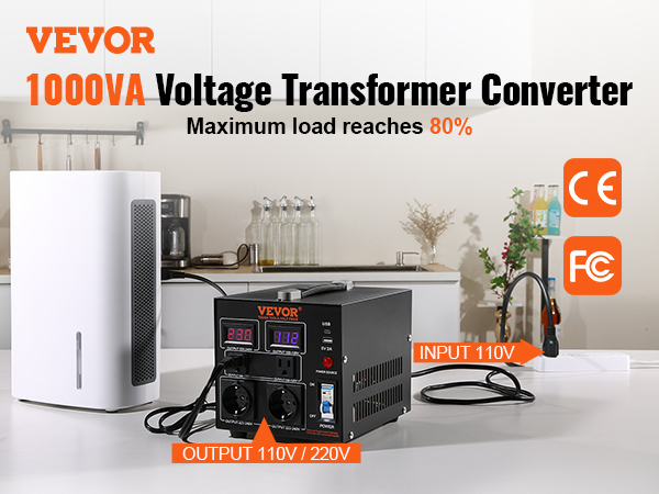 VEVOR voltage converter transformer 1000va displayed on kitchen counter with household devices.