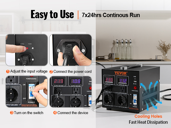 easy-to-use VEVOR voltage converter transformer with cooling holes, power cord, and voltage adjust.