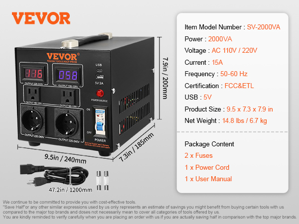 VEVOR voltage converter transformer, 2000va, ac 110v/220v, 15a, dual usb, us plug.