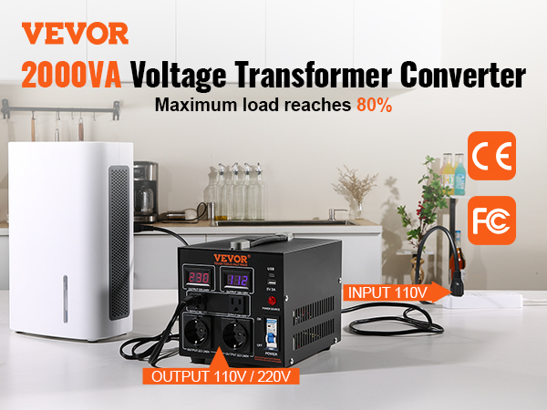 VEVOR voltage converter transformer 2000va 110v to 220v maximum load 80% with usb port.