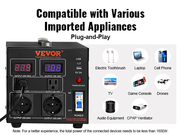 VEVOR voltage converter transformer compatible with cpap ventilator, laptop, cell phone, and tv.