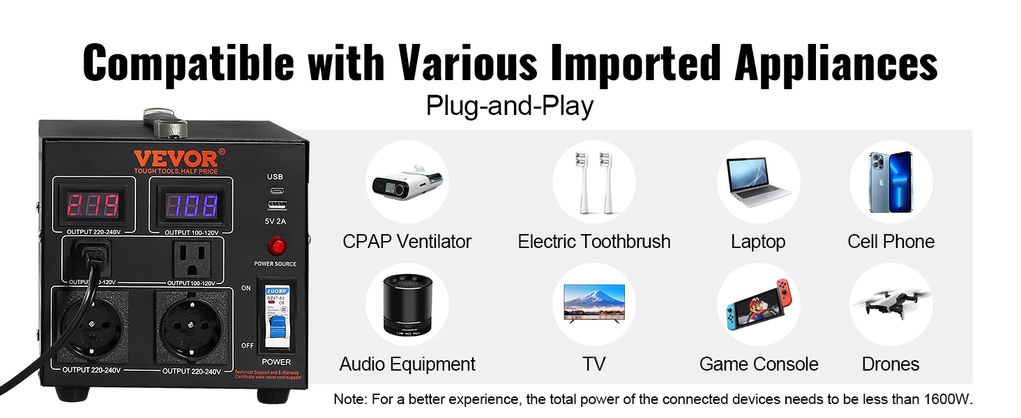 VEVOR voltage converter transformer compatible with cpap ventilator, laptop, cell phone, and tv.
