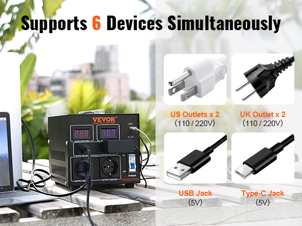 VEVOR voltage converter transformer supports 6 devices with us, uk outlets, usb, and type-c jacks.