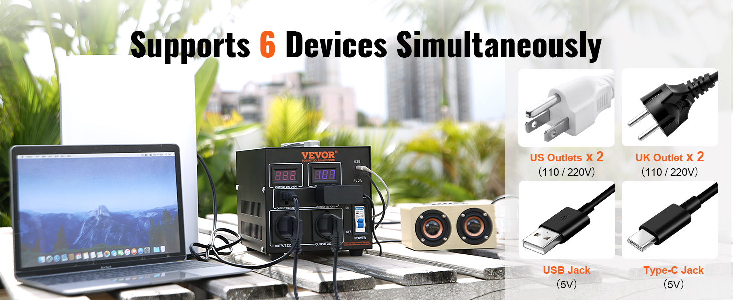 VEVOR voltage converter transformer supports 6 devices with us, uk outlets, usb, and type-c jacks.