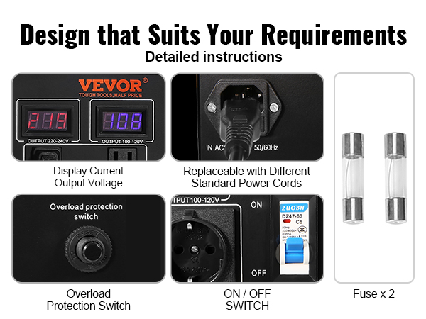 VEVOR voltage converter transformer with display, overload switch, power cords, and fuses.