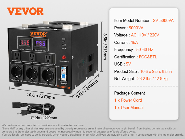 VEVOR voltage converter sv-5000va, 5000va, ac 110v/220v, us plug, usb 5v, power cord, user manual.