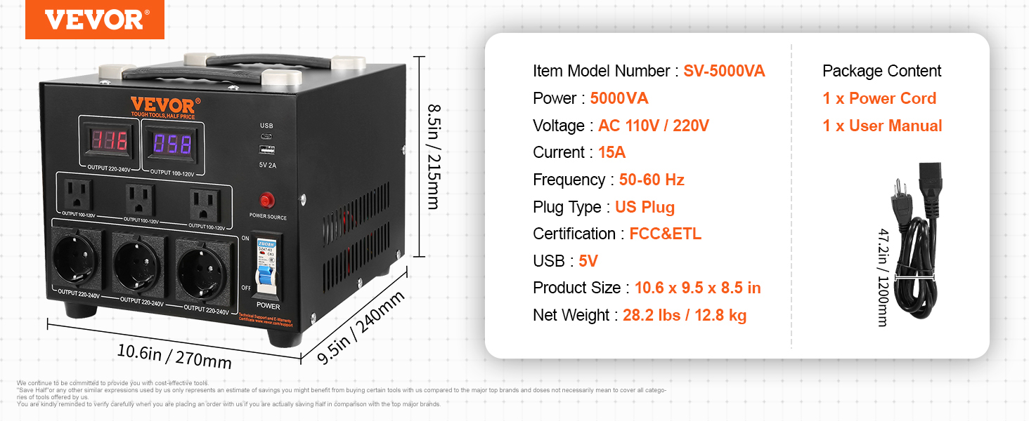 VEVOR voltage converter sv-5000va, 5000va, ac 110v/220v, us plug, usb 5v, power cord, user manual.
