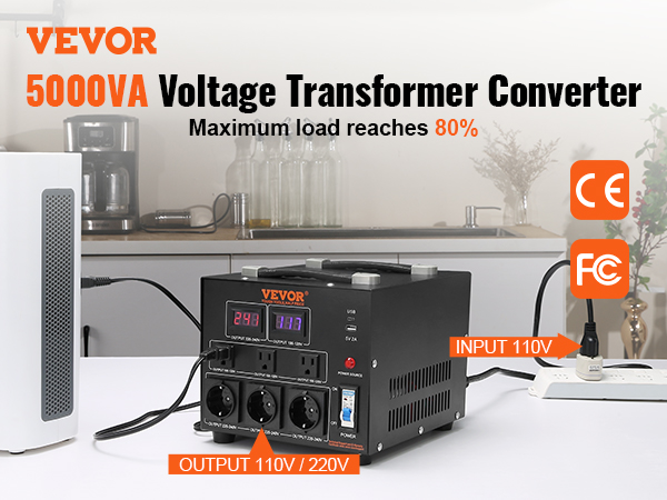 VEVOR voltage converter 5000va with 110v/220v output in a modern kitchen setting.