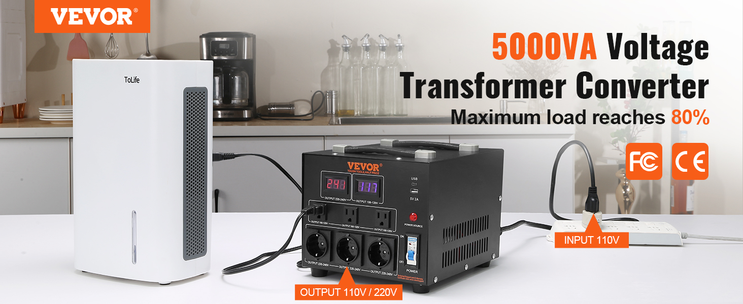VEVOR voltage converter 5000va with 110v/220v output in a modern kitchen setting.