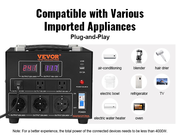 VEVOR appliance adapter for air conditioner, blender, hair drier, fridge, tv, heater, and oven.