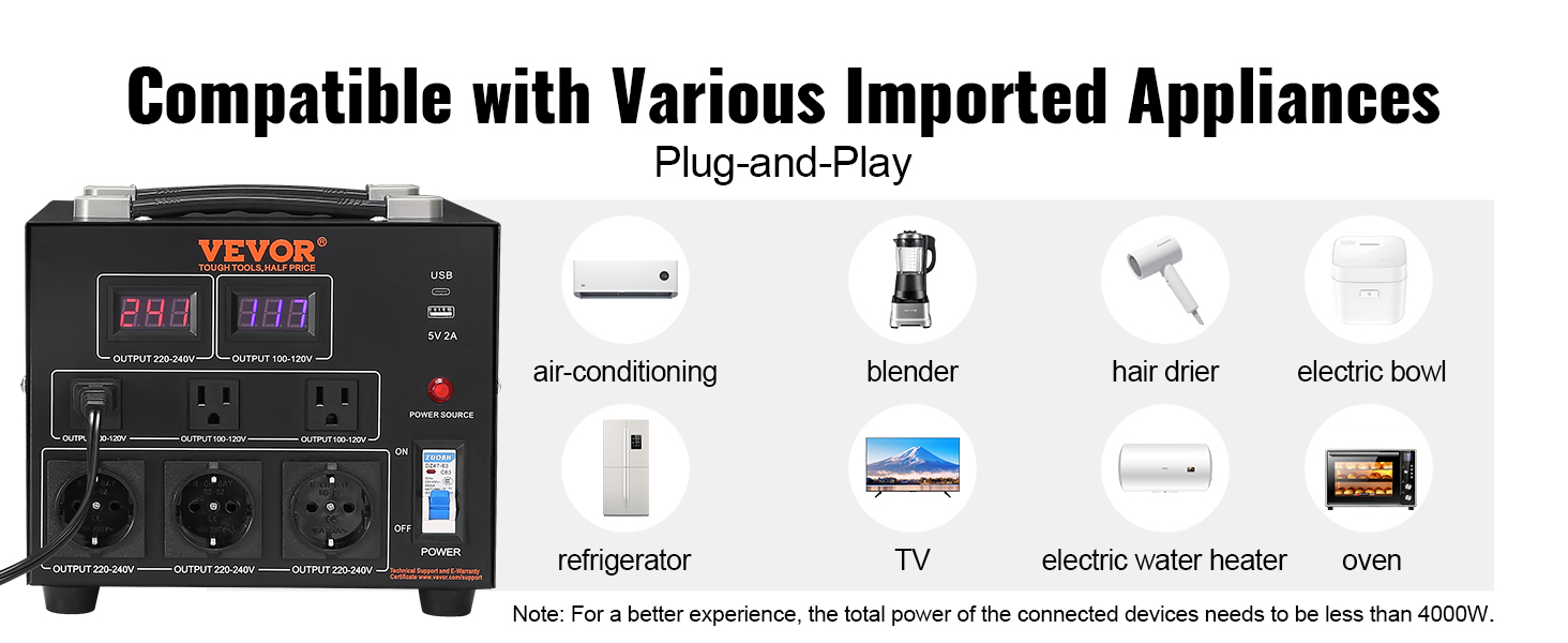 VEVOR appliance adapter for air conditioner, blender, hair drier, fridge, tv, heater, and oven.