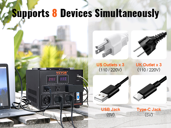 VEVOR voltage converter, supporting 8 devices with us, uk outlets, usb, and type-c jacks.