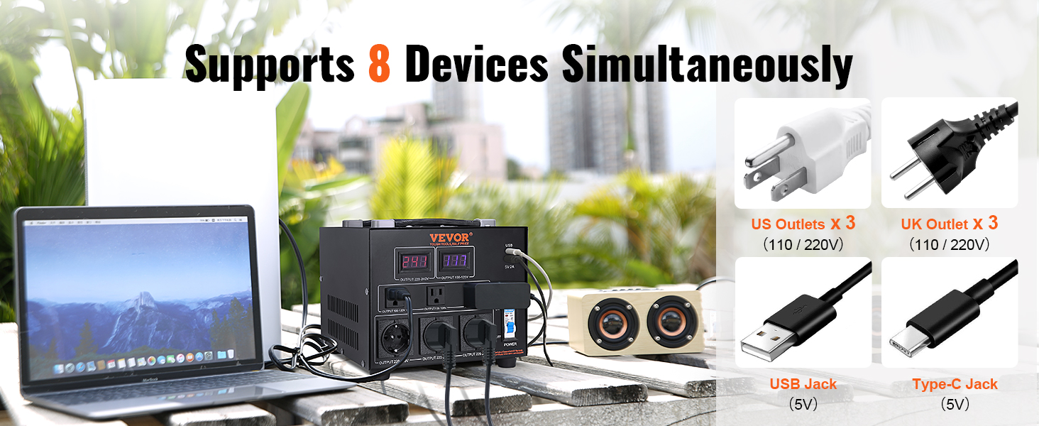 VEVOR voltage converter, supporting 8 devices with us, uk outlets, usb, and type-c jacks.