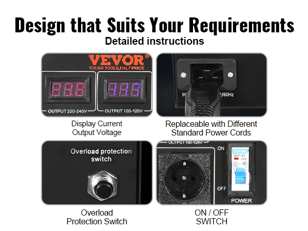 VEVOR voltage converter features display for current output voltage, standard power cord replaceability