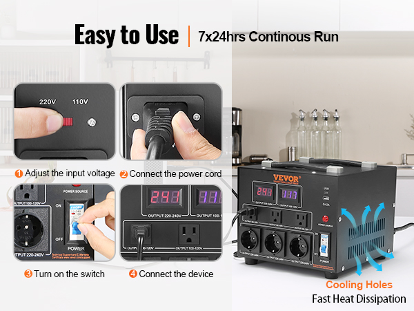 VEVOR voltage converter features easy setup, continuous operation, and efficient cooling for reliable use.