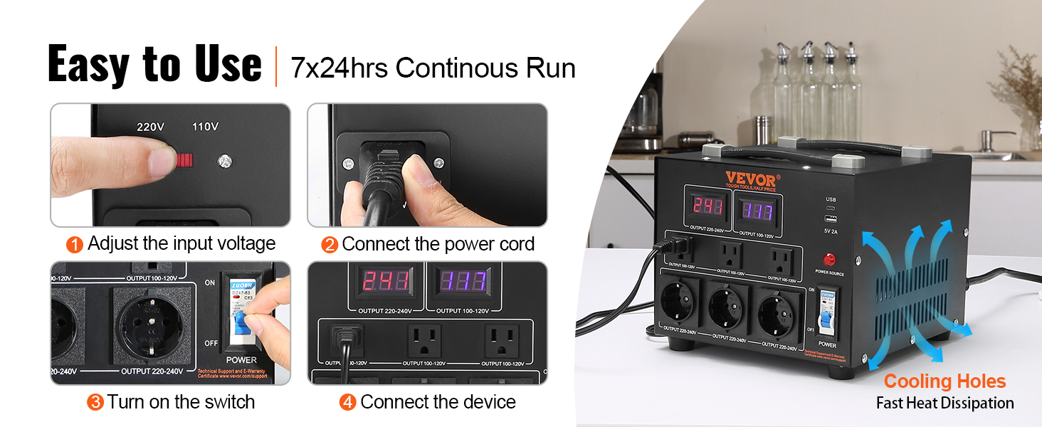 VEVOR voltage converter features easy setup, continuous operation, and efficient cooling for reliable use.
