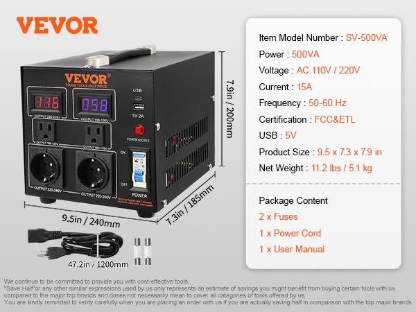 VEVOR voltage converter sv-500va, 500va, ac 110v/220v, 15a, usb 5v, 9.5x7.3x7.9in, with 2 fuses.