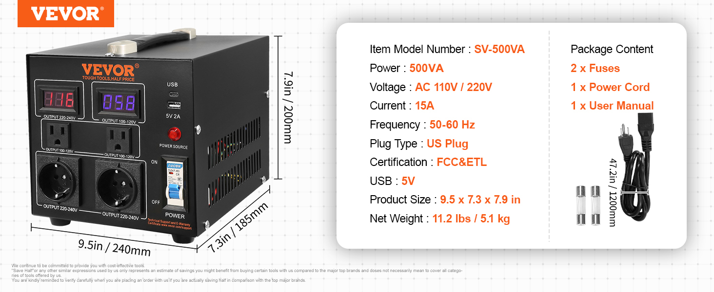 VEVOR voltage converter sv-500va, 500va, ac 110v/220v, 15a, usb 5v, 9.5x7.3x7.9in, with 2 fuses.