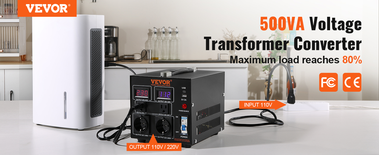 VEVOR voltage converter 500va, dual output 110v/220v, maximum load 80%, kitchen countertop.