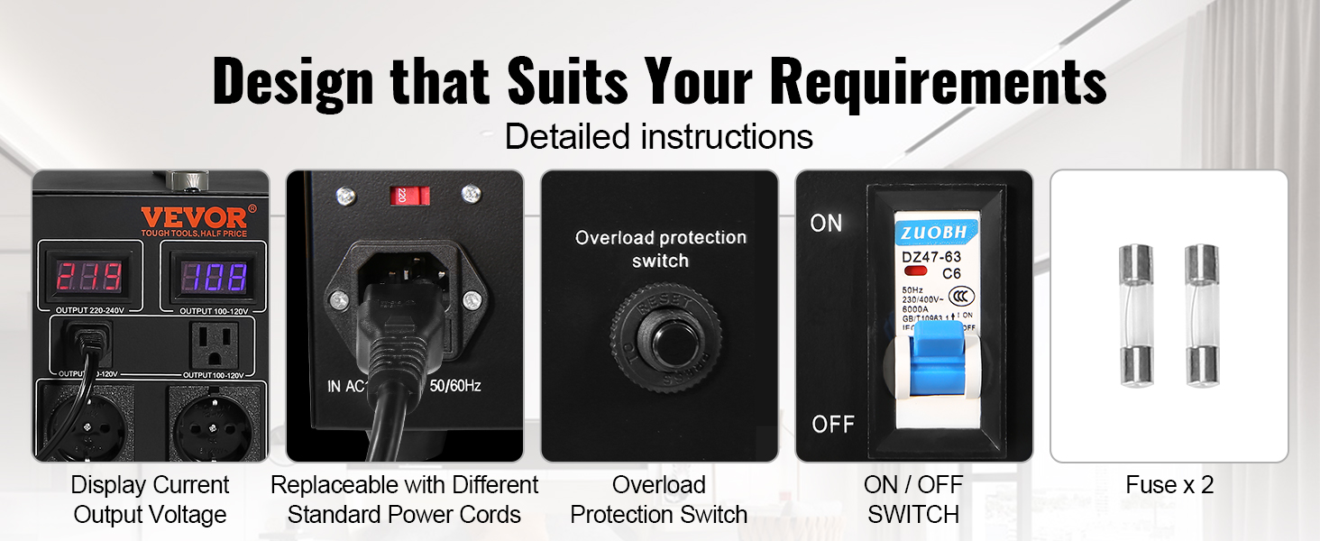 VEVOR voltage converter with display, overload protection, replaceable power cords, and switches.