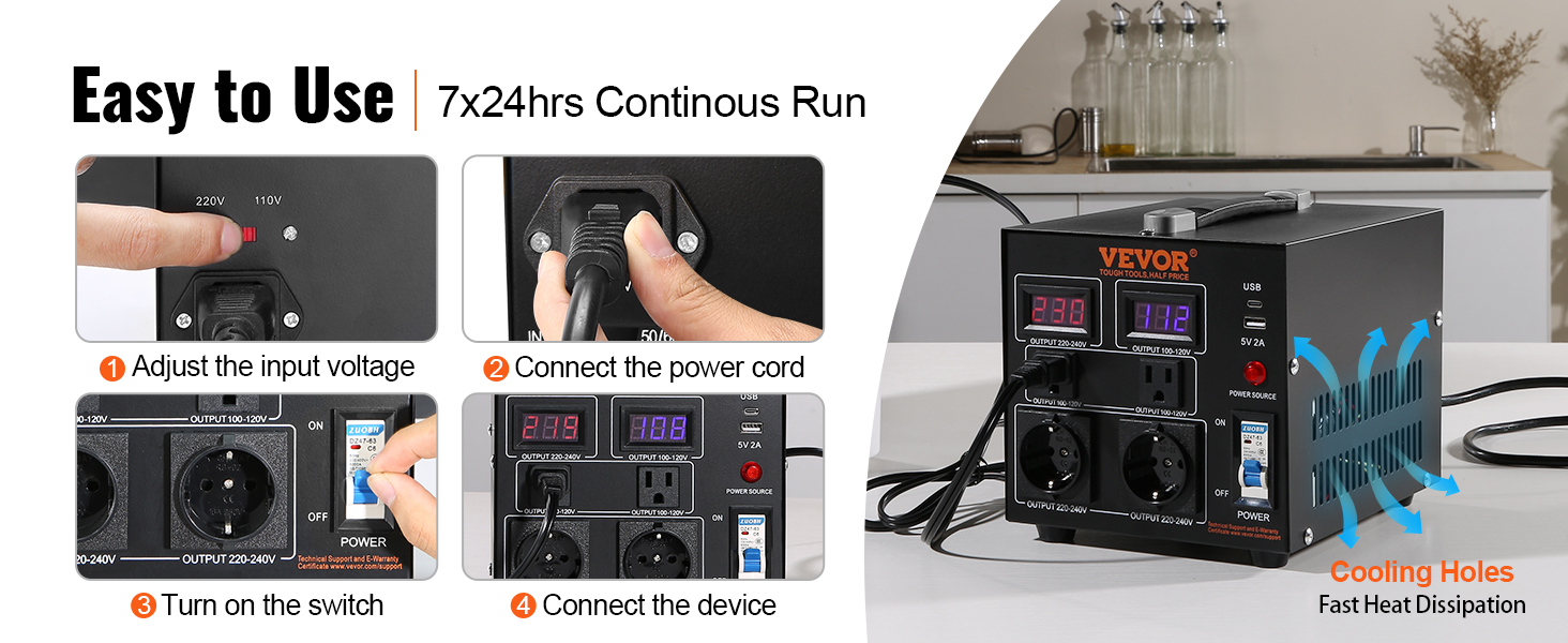 connecting and adjusting VEVOR voltage converter, showing cooling holes and step-by-step instructions.