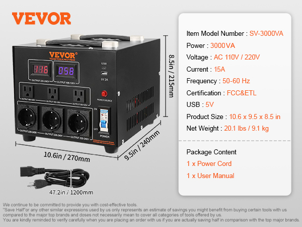 VEVOR sprieguma pārveidotājs transformators, 3000va, maiņstrāva 110v/220v, 15a, ASV kontaktdakša, fcc&etl sertificēts.