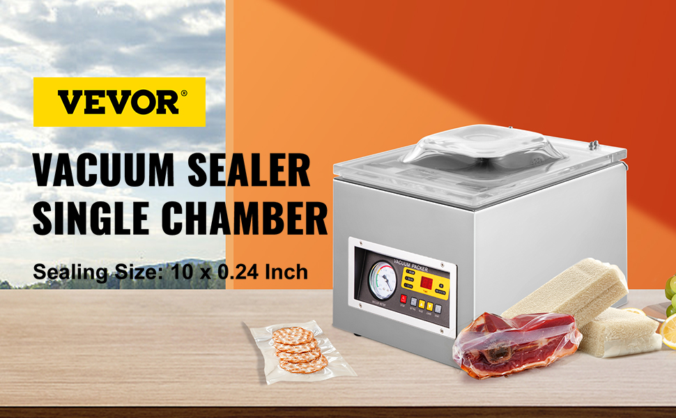 VEVOR chamber vacuum sealer with sealed meat, cheese, and sausages on a table.