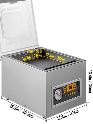 VEVOR chamber vacuum sealer with dimensions and control panel displayed.