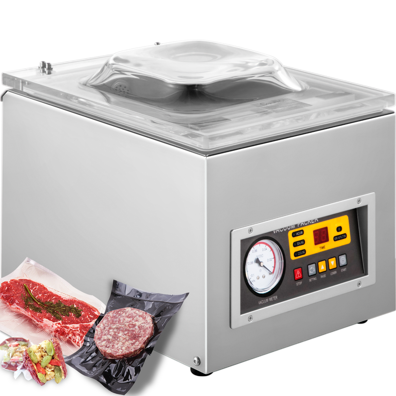 VEVOR chamber vacuum sealer with sealed meats and control panel.