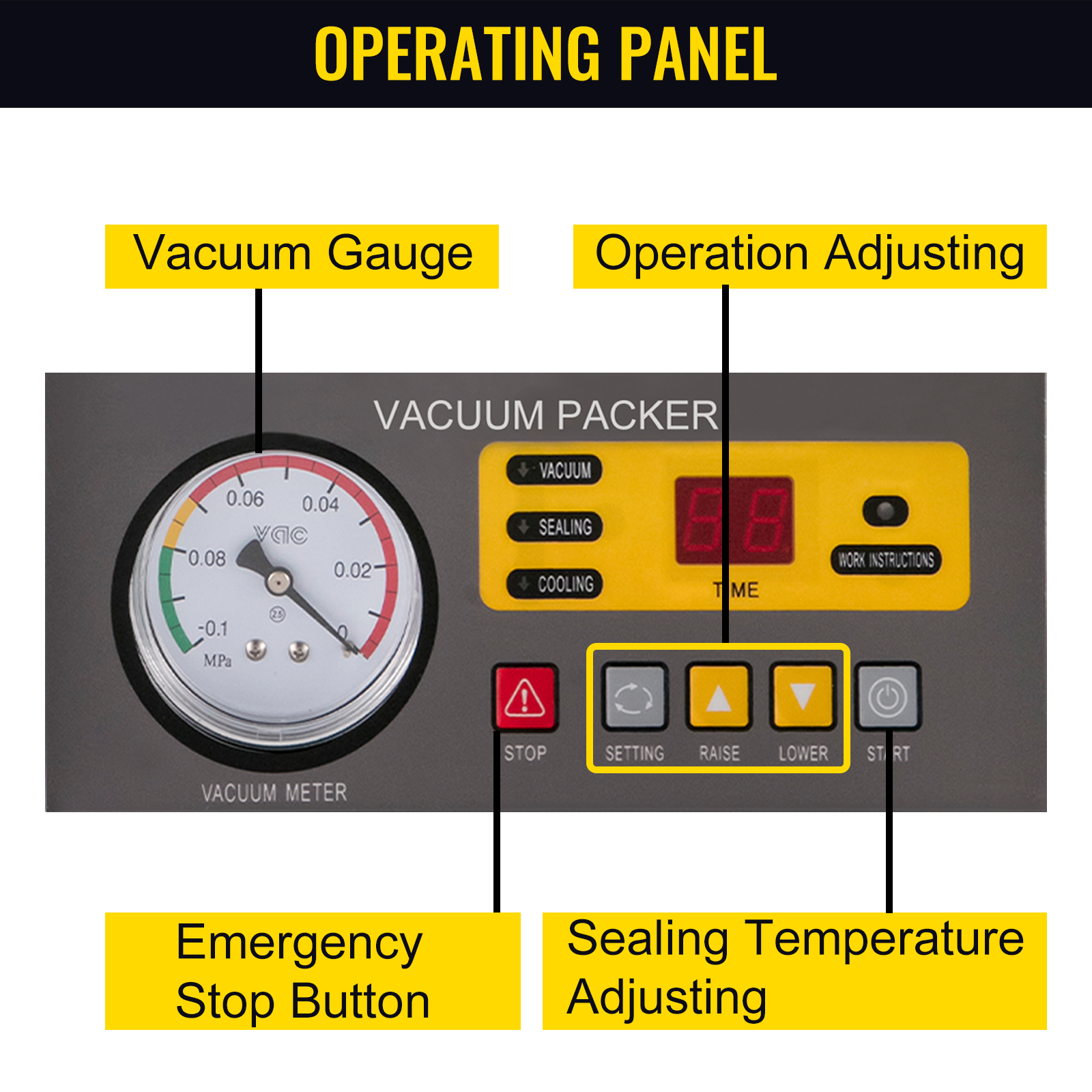 VEVOR chamber vacuum sealer operating panel with gauge, buttons, and display.