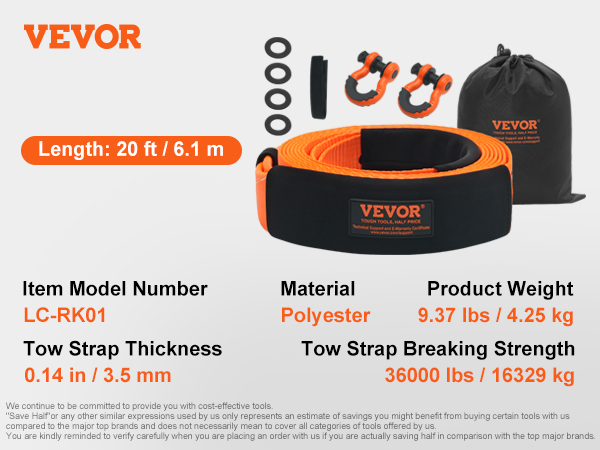 VEVOR heavy duty tow strap, 20ft, includes bag and accessories, 36000 lbs breaking strength.