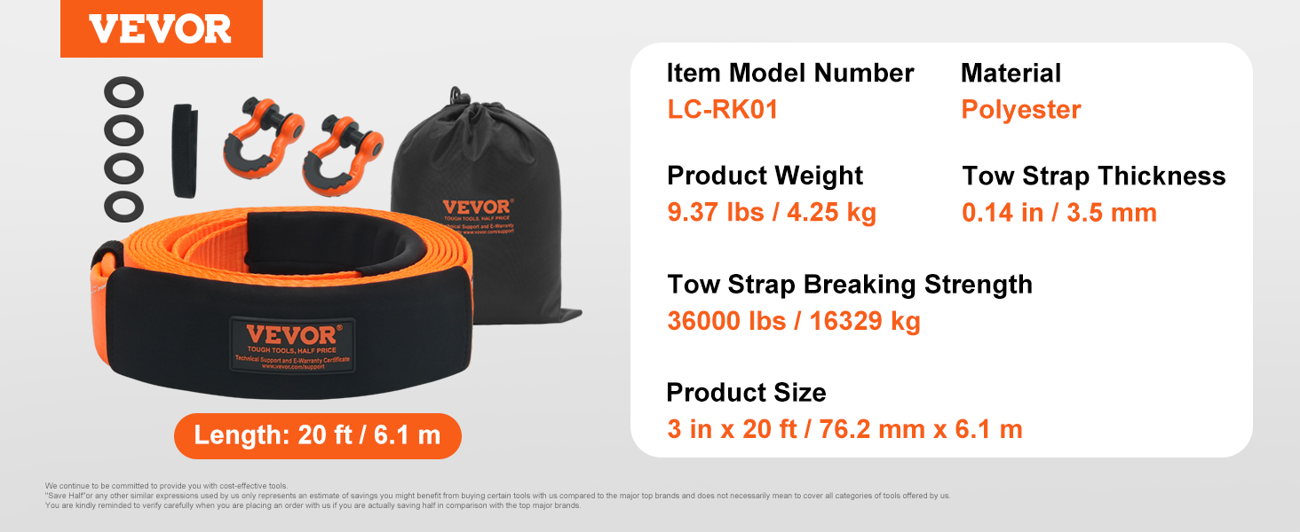 VEVOR heavy duty tow strap, 20ft, includes bag and accessories, 36000 lbs breaking strength.