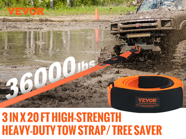 VEVOR heavy duty tow strap pulling a muddy vehicle, showcasing 36000 lbs strength, 3 in x 20 ft.